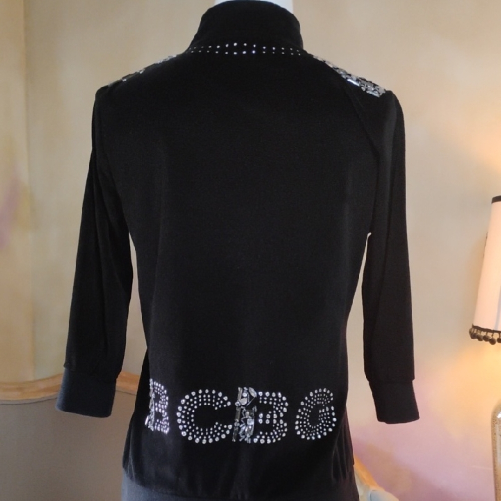 BCBGMaxAzria embellished black velvet zip sweat jacket, like new!